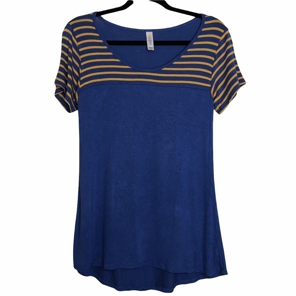 LULAROE Classic T Blue w/ Yellow Stripes Scoop Neck, Short Sleeve Top - Size XXS